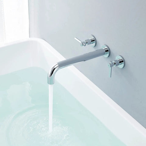 Wall Mount Tub Filler Chrome Faucet With Brass Construction, Double Handles, Ceramic Cartridge, water flowing into tub
