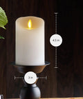 Flickering Flameless White Pillar Candle With Scalloped Edge 4.5 Inch, Cozy Warm LED Flame, on dark mantel