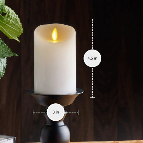Flickering Flameless White Pillar Candle With Scalloped Edge 4.5 Inch, Cozy Warm LED Flame, on dark mantel