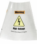 Heavy Duty Reflective Safety Cone Collar Kit For Electric Vehicle Repair Warnings High Voltage Ev Battery Hazard Alerts And Garage Shop Essentials 3 Pack Straight Shooters Safe Bet For Mechanic Workshops Today, showing a reflective cone collar with high-voltage warning.