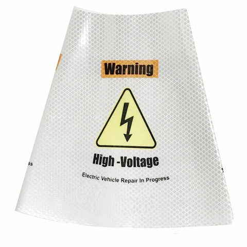 Heavy Duty Reflective Safety Cone Collar Kit For Electric Vehicle Repair Warnings High Voltage Ev Battery Hazard Alerts And Garage Shop Essentials 3 Pack Straight Shooters Safe Bet For Mechanic Workshops Today, showing a reflective cone collar with high-voltage warning.