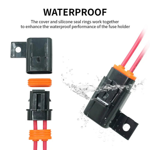 Kickass Rig Ready IP67 Waterproof Inline ATO ATC Blade Fuse Holder 30 Amp with secure cover and red wires for marine use.