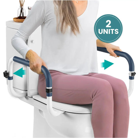 Adjustable Toilet Safety Rails For Seniors, Heavy Duty Bathroom Grab Bars With Handles 250 Lb Limit, photo of user gripping rails.