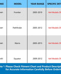 Fitment chart for 4x4 models of Nissan Frontier, Pathfinder, Xterra, and Suzuki Equator for 2005-2019, showing specific year ranges