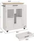 Farmhouse Mobile Kitchen Island Cart With Slick Rolling Lockable Casters And Front Glass Cabinet Plus Roomy Gear Hauler Drawer And Three Tier Spice Shelf For Weekend Cookoffs with dimensions displayed