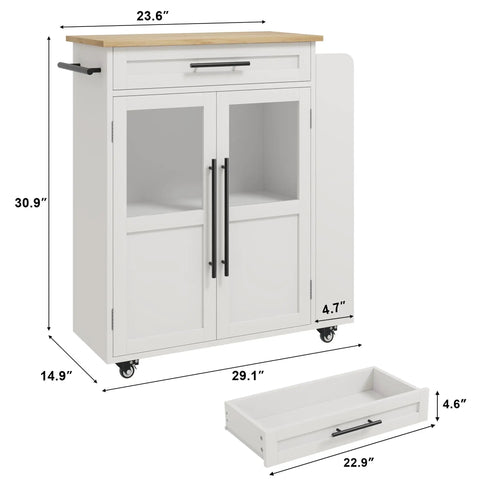 Farmhouse Mobile Kitchen Island Cart With Slick Rolling Lockable Casters And Front Glass Cabinet Plus Roomy Gear Hauler Drawer And Three Tier Spice Shelf For Weekend Cookoffs with dimensions displayed