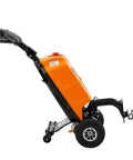 Heavy Duty Electric Powered Tugger With 2,200 Lbs Capacity To Easily Haul Massive Loads Through Tight Spots And Move Gear Around Obstacles Safely Using Precision Controls Plus Emergency Stop And Horn in orange with large wheels.