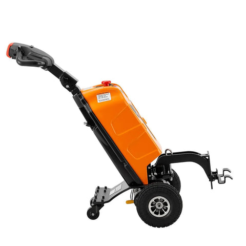 Heavy Duty Electric Powered Tugger With 2,200 Lbs Capacity To Easily Haul Massive Loads Through Tight Spots And Move Gear Around Obstacles Safely Using Precision Controls Plus Emergency Stop And Horn in orange with large wheels.