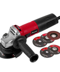 Knockout 7.5 Amp 4.5 Inch Electric Angle Grinder With Grinding And Cutting Wheels Flap Disc And Auxiliary Handle For Metalworking Polishing And Rust Removal Tough As Nails Red Design with attached discs.