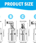 Product size chart showing Water Level Float Valve 1/2 Inch To 3/4 Inch, 304 Stainless Steel, with various fitting dimensions A-D