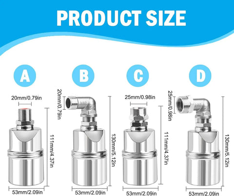 Product size chart showing Water Level Float Valve 1/2 Inch To 3/4 Inch, 304 Stainless Steel, with various fitting dimensions A-D