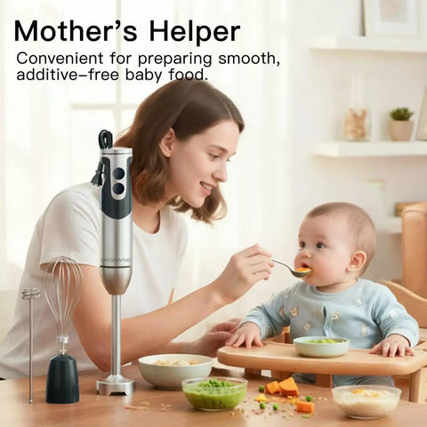 Mother using Powerhouse Immersion Hand Blender 12 Speed With 1000W Motor Titanium Reinforced Stainless Steel Blades 3 In 1 System Including Whisk And Milk Frother Black For Smoothies Soups And Sauces to prepare baby food in kitchen