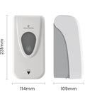No Sweat Wall Mounted Manual Soap And Hand Sanitizer Dispenser 1000 Ml White with dimensions; front and side view, high duty design.