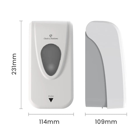No Sweat Wall Mounted Manual Soap And Hand Sanitizer Dispenser 1000 Ml White with dimensions; front and side view, high duty design.