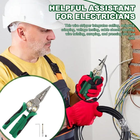 Electrician using Eight In One Wire Stripper With Voltage Tester For Electricians, Heavy Duty Crimping And Cutting Tool For 10 To 24 AWG