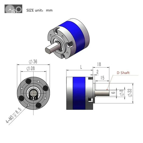 Heavy Duty 36Mm Planetary Gear Reducer For 545 550 Motors with specifications and dimensions for model cars and robots.