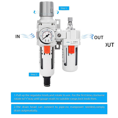 Front view of Three Eighths Inch NPT Auto Drain Air Filter Regulator Lubricator FRL Heavy Duty Combo with gauge and poly bowl.