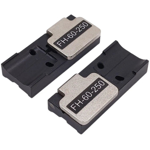 Top Shelf Heavy Duty Fiber Holder Sheath Clamps And Chucking Jigs FH-60-250 Pair For Fujikura single core fusion splicers, black and silver design.