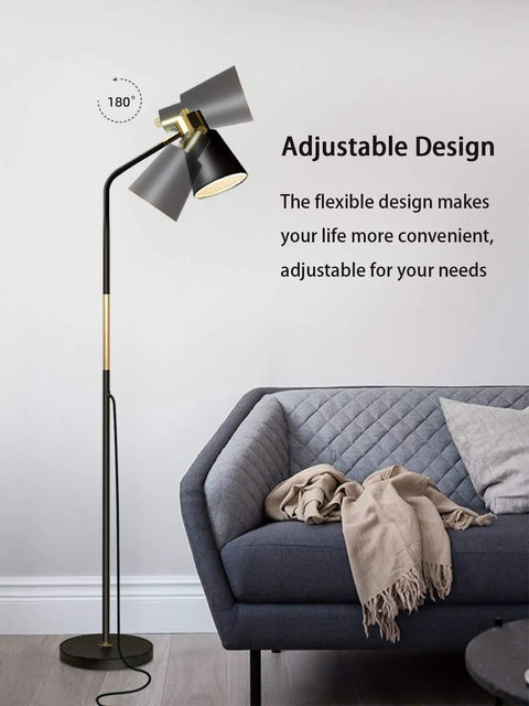 Three Color Temperature Floor Lamp With Adjustable Head And Energy Efficient Nine Watt LED Bulb Included For Living Room Bedroom Office Farmhouse Modern Standing Task Lighting For A Cozy Vibe next to a gray sofa