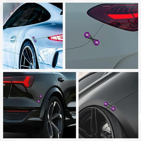 Front And Rear Quick Release Bumper Kit With Clips And Stainless Steel Screws For Cars, Includes 4 Purple Release Tabs installed on cars