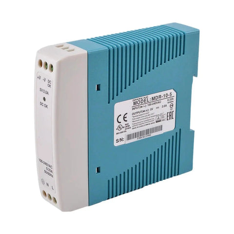 Rugged Industrial Grade 5V 2A DIN Rail Power Supply 10W With Wide Input 85 To 264VAC Or 120 To 370VDC, Fully Regulated Output UL508 Certified With TUV EAC BSMI ASNZS, Ideal For Factory Automation And Continuous Duty Use, blue and white DIN rail PSU