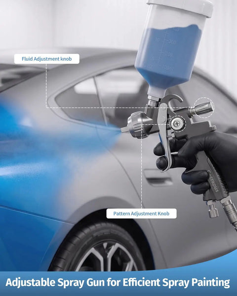 Pro Grade Gravity Feed Air Paint Sprayer Gun Kit featuring fluid and pattern adjustment knobs for precise auto painting.