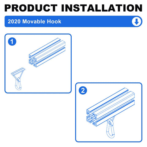 2020 Movable Hook installation guide with black heavy duty hooks for 2020 extrusion T slot frames.
