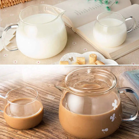 Sleek Heat Resistant Glass Teapot For Cold Brew And Hot Tea, Smooth Drip Pour Spout Juice Pitcher, Solid Borosilicate Server With Comfy Grip Handle, Lead Free Kitchen Essential For Daily Grind with milk and tea.