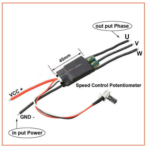 Diagram of Three Phase DC Brushless Hallless BLDC Motor with ESC Speed Controller, showing connections and potentiometer for 7-24V systems.