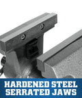Mechanics Pro Bench Vise With Six And A Half Inch Jaw Width And Six Inch Jaw Opening For Precise Grips And Heavy Duty Metalworking hardened steel serrated jaws