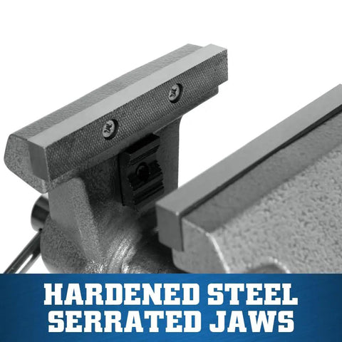 Mechanics Pro Bench Vise With Six And A Half Inch Jaw Width And Six Inch Jaw Opening For Precise Grips And Heavy Duty Metalworking hardened steel serrated jaws