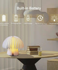 Walnut Finish Mushroom Lamp With White Striped Glass Retro Mid Century Table Light for living room on wooden table