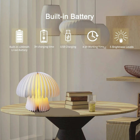 Walnut Finish Mushroom Lamp With White Striped Glass Retro Mid Century Table Light for living room on wooden table