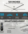 Heavy Duty Workhorse 120 Inch HVLS Industrial Ceiling Fan, remote, 28,000 CFM for large spaces, includes blades and downrods.