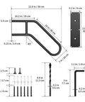Heavy Duty U Shaped Hand Rail For Outdoor Steps, black dimensions and installation kit displayed with mounting hardware.