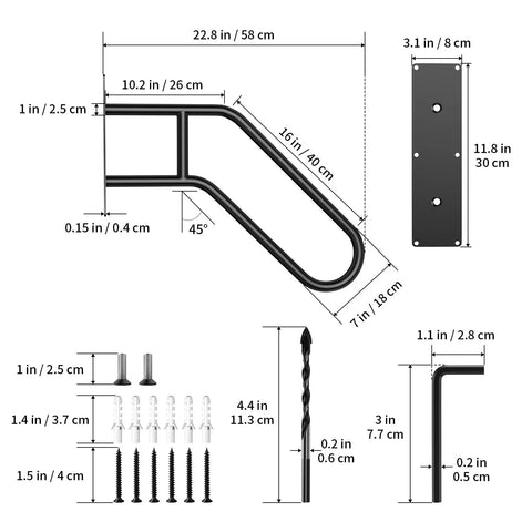 Heavy Duty U Shaped Hand Rail For Outdoor Steps, black dimensions and installation kit displayed with mounting hardware.