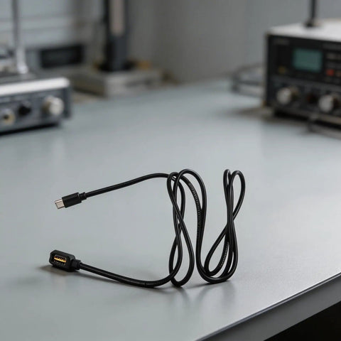 Coiled Di2 12 Speed Electronic Shifting Charging Cable with USB-A, Type-C connectors for Bike Derailleur on workshop table.