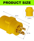 Heavy Duty Nema L14-30P To 14-50R RV Generator Adapter With 30 Amp Locking Plugs dimensions 4.3 in x 2.24 in x 2.1 in.