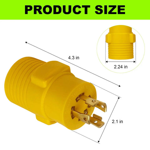 Heavy Duty Nema L14-30P To 14-50R RV Generator Adapter With 30 Amp Locking Plugs dimensions 4.3 in x 2.24 in x 2.1 in.