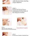 Steps showing use of Tabletop Snap Button Pliers Kit For 9mm, 11.5mm, 12.5mm And 13mm Plastic No Sew Snaps Press Fasteners