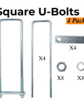 Four Pack Three And A Half Inch By Twelve Inch Square Bend U Bolt Kit With Five Eighths Inch Diameter Heavy Duty Steel Bolts shown