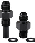 6AN Male Flare To One Quarter NPSM Transmission Cooler Adapter Fittings for front and rear ports with black anodized finish.