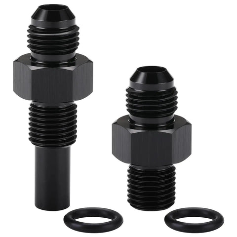 6AN Male Flare To One Quarter NPSM Transmission Cooler Adapter Fittings for front and rear ports with black anodized finish.