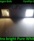 Comparison of halogen bulb and FyreFlys LED showing ultra bright pure white light for Mercedes W204 eyebrow eyelid lights