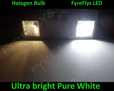 Comparison of halogen bulb and FyreFlys LED showing ultra bright pure white light for Mercedes W204 eyebrow eyelid lights
