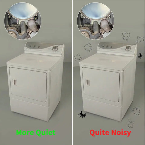Real Deal Dryer Drum Support Roller Kit Two Pack comparison of quiet operation vs loud noise in Maytag dryer.