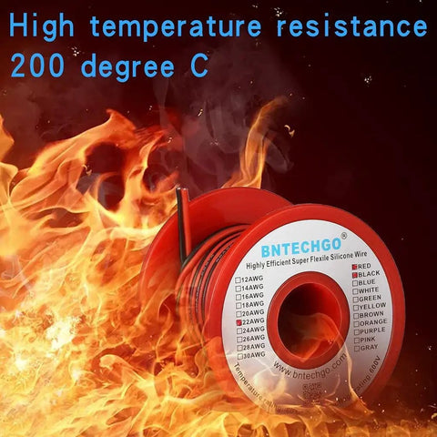 22 Gauge Flexible Two Conductor Parallel Silicone Wire Spool Red And Black High Temperature 200 C 600V with flames