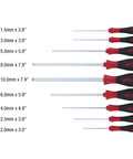 Nine Piece Metric MagicRing Ball End Hex Driver Set With Cushioned Ergonomic Grips shown in varying sizes and lengths.