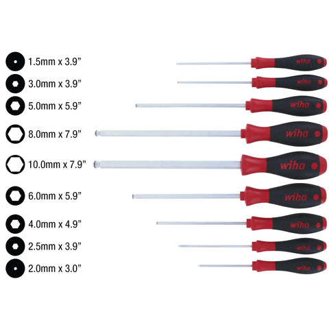 Nine Piece Metric MagicRing Ball End Hex Driver Set With Cushioned Ergonomic Grips shown in varying sizes and lengths.