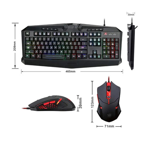 Gaming Keyboard and Mouse Set With Full Keys Backlit Wired Mechanical Keyboard 7 LED Lighting Modes detailed dimensions and design.